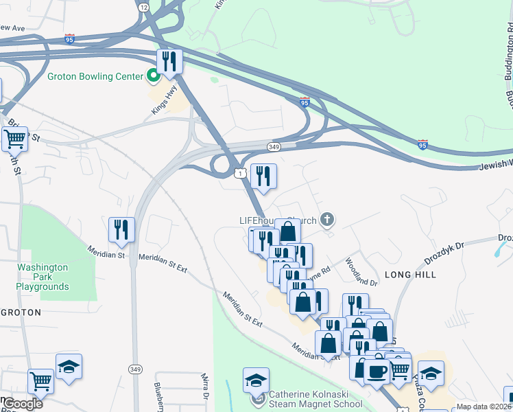 map of restaurants, bars, coffee shops, grocery stores, and more near 369 Long Hill Road in Groton