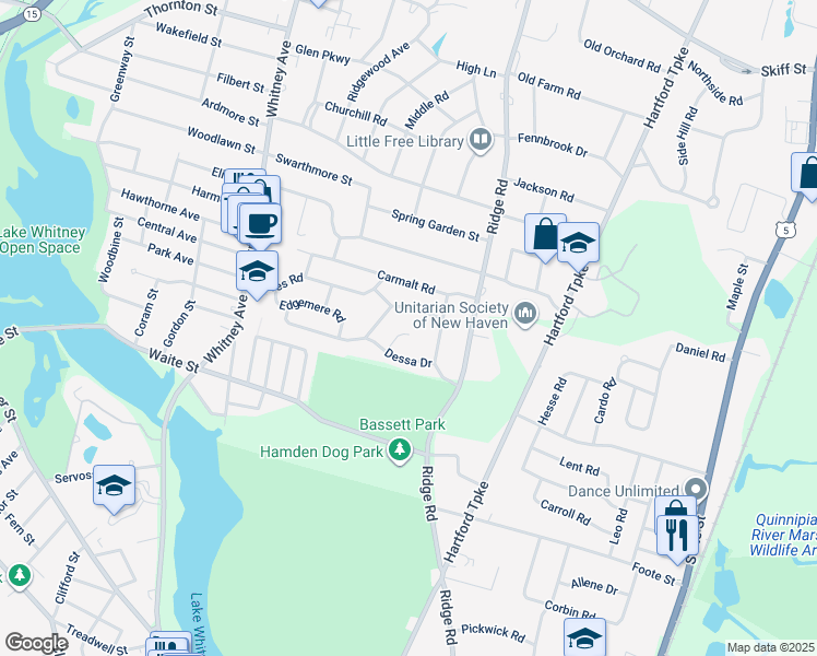 map of restaurants, bars, coffee shops, grocery stores, and more near 42 Orchard Court in Hamden