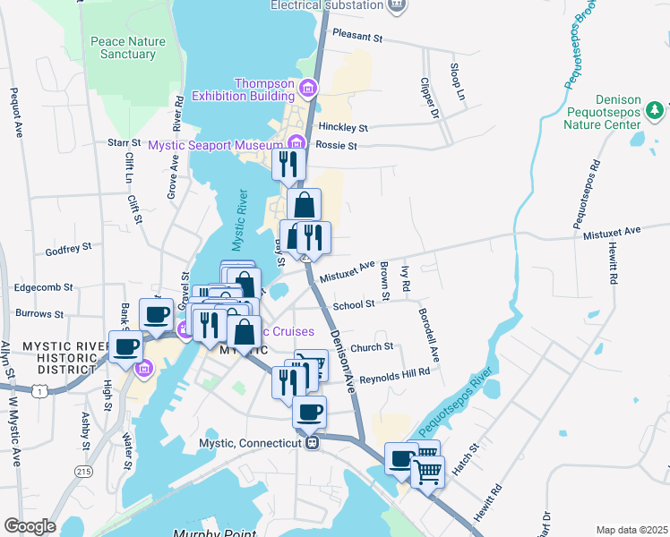 map of restaurants, bars, coffee shops, grocery stores, and more near 86 Denison Avenue in Stonington