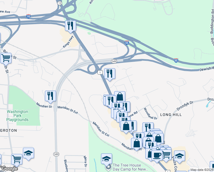 map of restaurants, bars, coffee shops, grocery stores, and more near 369 Long Hill Road in Groton