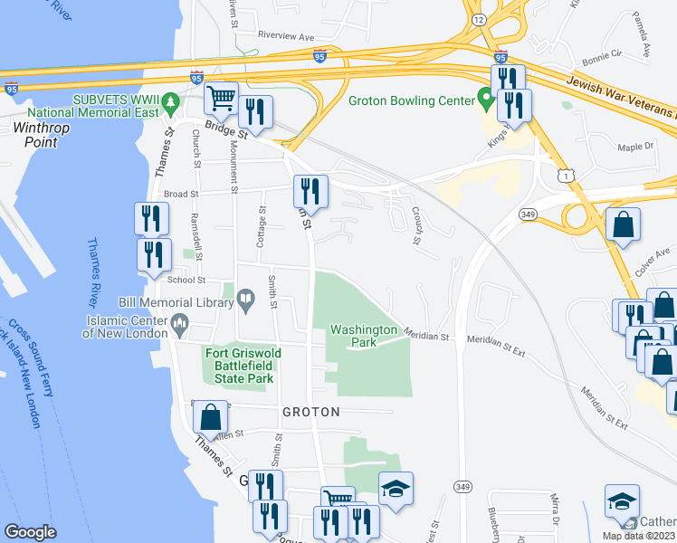 map of restaurants, bars, coffee shops, grocery stores, and more near 158 Meridian Street in Groton