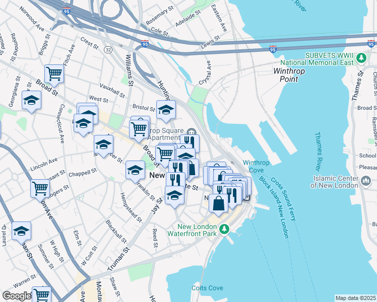 map of restaurants, bars, coffee shops, grocery stores, and more near 35 Governor Winthrop Boulevard in New London