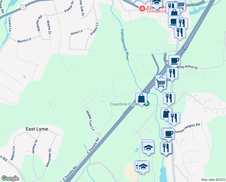 map of restaurants, bars, coffee shops, grocery stores, and more near 286 Flanders Road in East Lyme