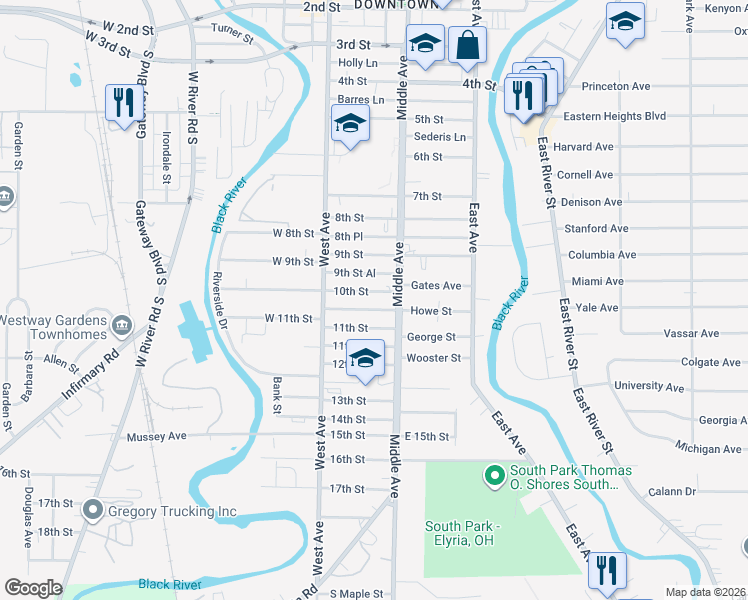 map of restaurants, bars, coffee shops, grocery stores, and more near 325 11th Street in Elyria