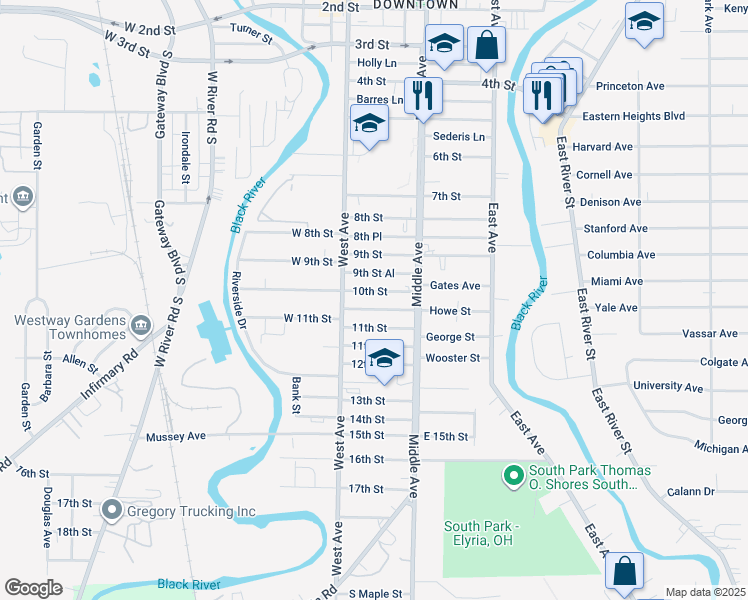 map of restaurants, bars, coffee shops, grocery stores, and more near 325 11th Street in Elyria