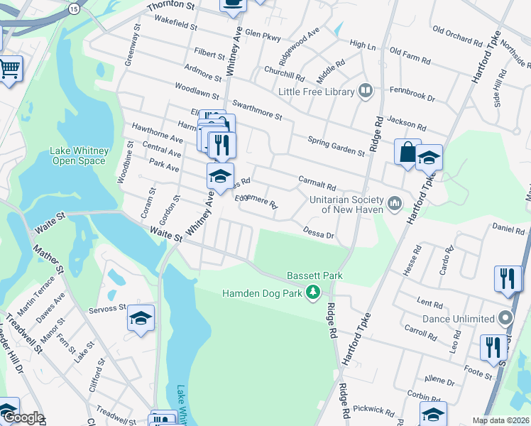 map of restaurants, bars, coffee shops, grocery stores, and more near 111 Dessa Drive in Hamden