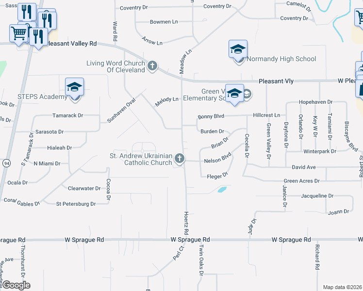 map of restaurants, bars, coffee shops, grocery stores, and more near 7691 Hoertz Road in Parma
