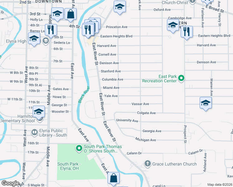 map of restaurants, bars, coffee shops, grocery stores, and more near 143 Yale Avenue in Elyria