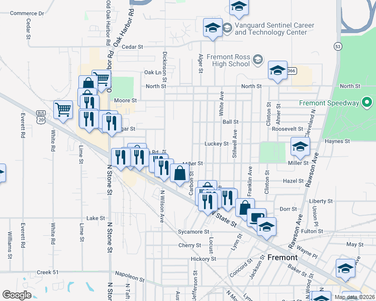 map of restaurants, bars, coffee shops, grocery stores, and more near 1006 Carbon Street in Fremont
