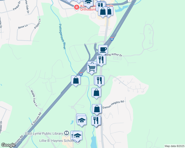 map of restaurants, bars, coffee shops, grocery stores, and more near 248 Flanders Road in East Lyme