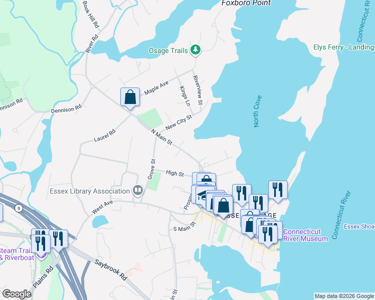 map of restaurants, bars, coffee shops, grocery stores, and more near 43 North Main Street in Essex