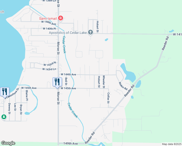 map of restaurants, bars, coffee shops, grocery stores, and more near 14316 Windsor Street in Cedar Lake