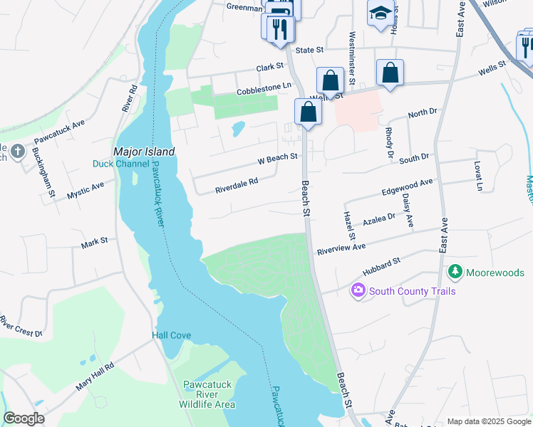 map of restaurants, bars, coffee shops, grocery stores, and more near 9 Lanphere Road in Westerly