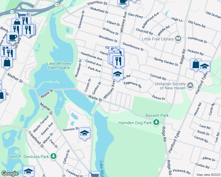 map of restaurants, bars, coffee shops, grocery stores, and more near 12 Russell Street in Hamden