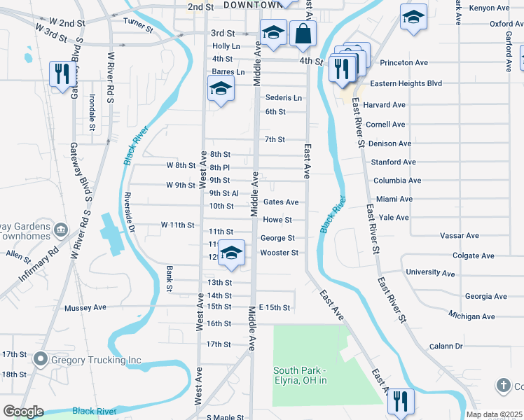map of restaurants, bars, coffee shops, grocery stores, and more near 916 Middle Avenue in Elyria