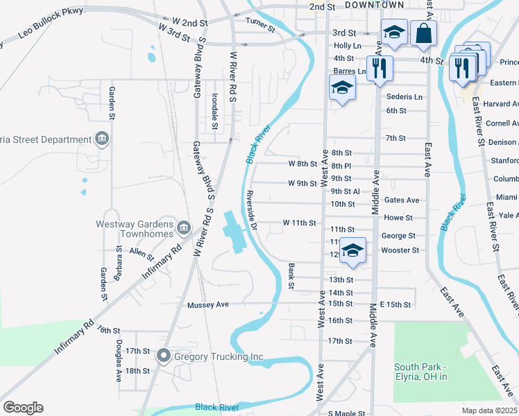 map of restaurants, bars, coffee shops, grocery stores, and more near 479 10th Street in Elyria