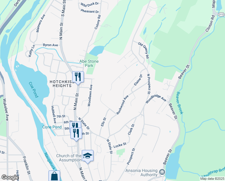 map of restaurants, bars, coffee shops, grocery stores, and more near 53 North Prospect Street Extension in Ansonia