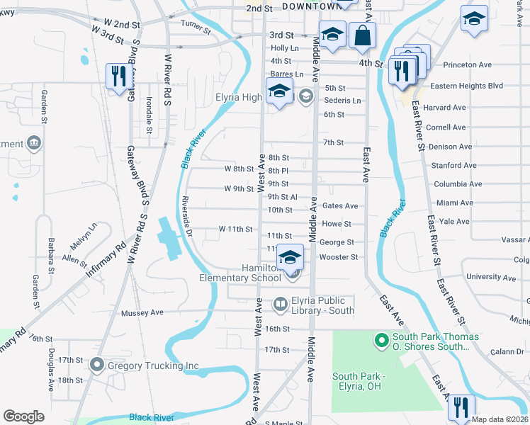 map of restaurants, bars, coffee shops, grocery stores, and more near 918 West Avenue in Elyria