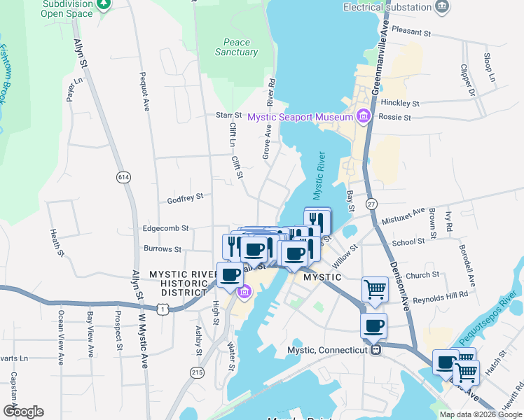 map of restaurants, bars, coffee shops, grocery stores, and more near 30 Clift Street in Groton