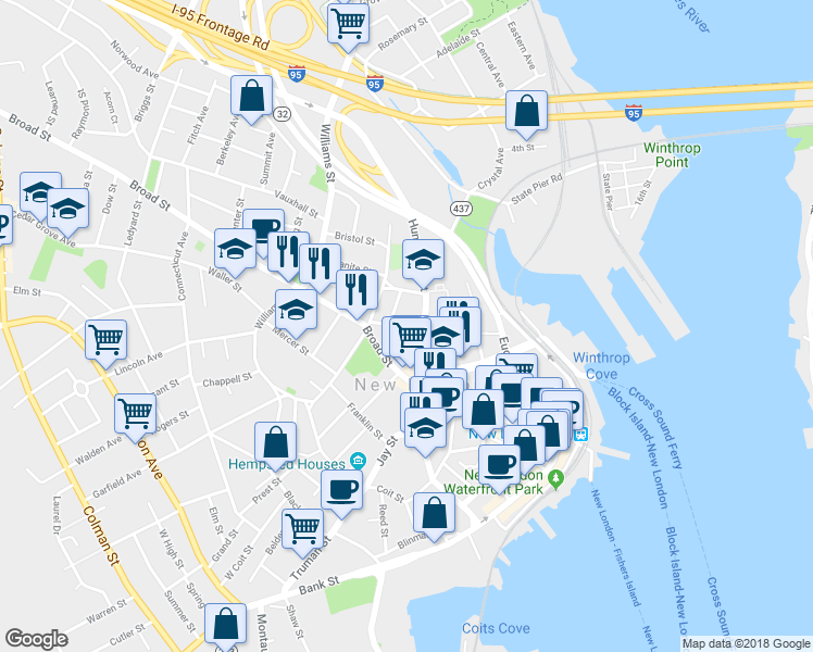 map of restaurants, bars, coffee shops, grocery stores, and more near 107 Federal Street in New London