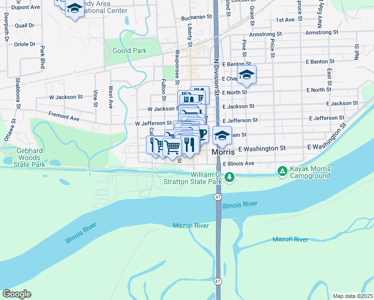 map of restaurants, bars, coffee shops, grocery stores, and more near 121 West Main Street in Morris