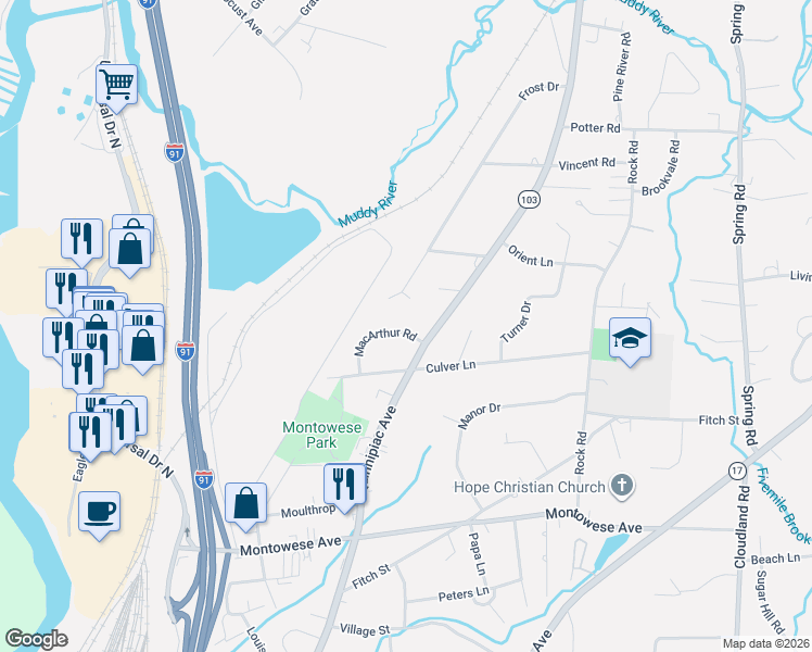 map of restaurants, bars, coffee shops, grocery stores, and more near 105 Frost Drive in North Haven