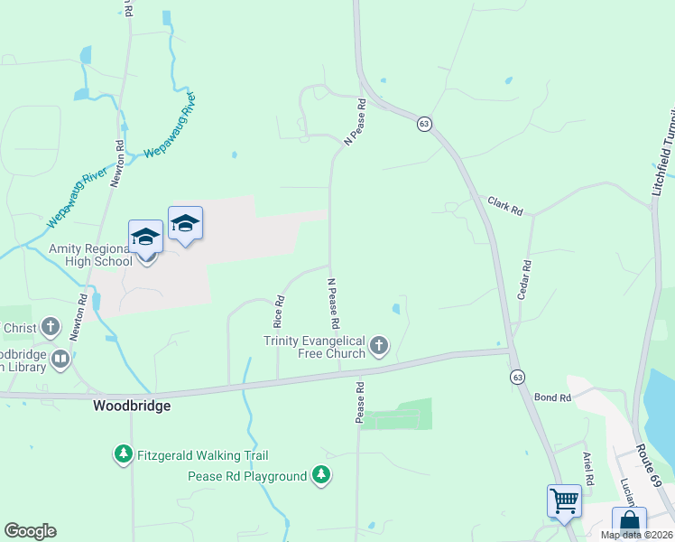map of restaurants, bars, coffee shops, grocery stores, and more near 27 North Pease Road in Woodbridge