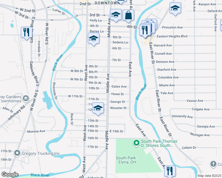map of restaurants, bars, coffee shops, grocery stores, and more near 934 Middle Avenue in Elyria