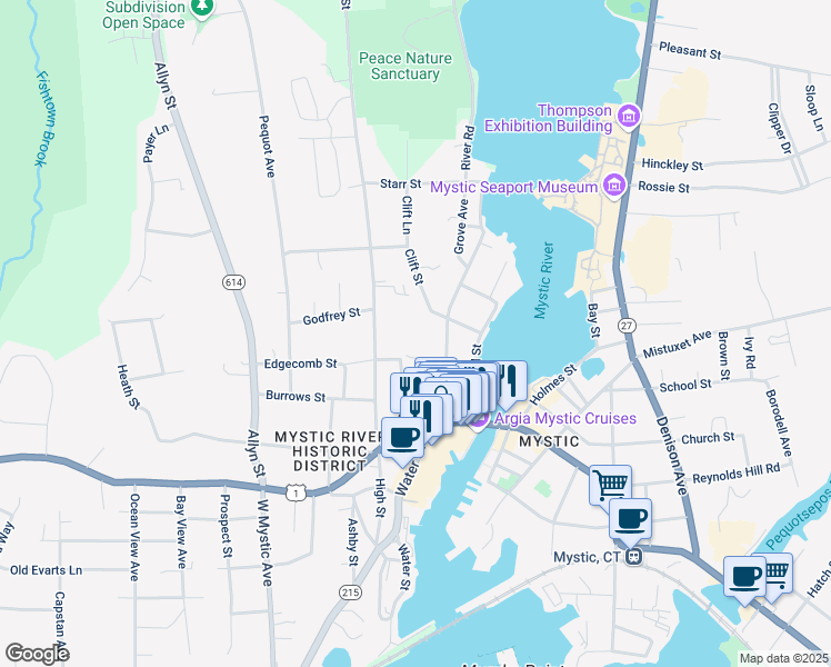 map of restaurants, bars, coffee shops, grocery stores, and more near 63 Clift Street in Groton