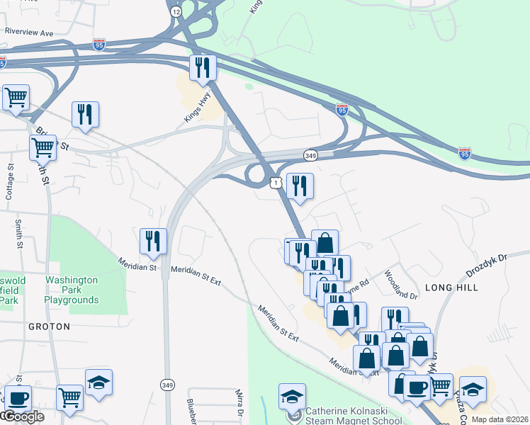 map of restaurants, bars, coffee shops, grocery stores, and more near 317 Long Hill Road in Groton