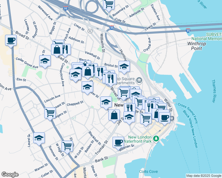 map of restaurants, bars, coffee shops, grocery stores, and more near 190 Hempstead Street in New London