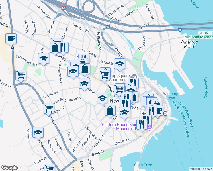 map of restaurants, bars, coffee shops, grocery stores, and more near 190 Hempstead Street in New London