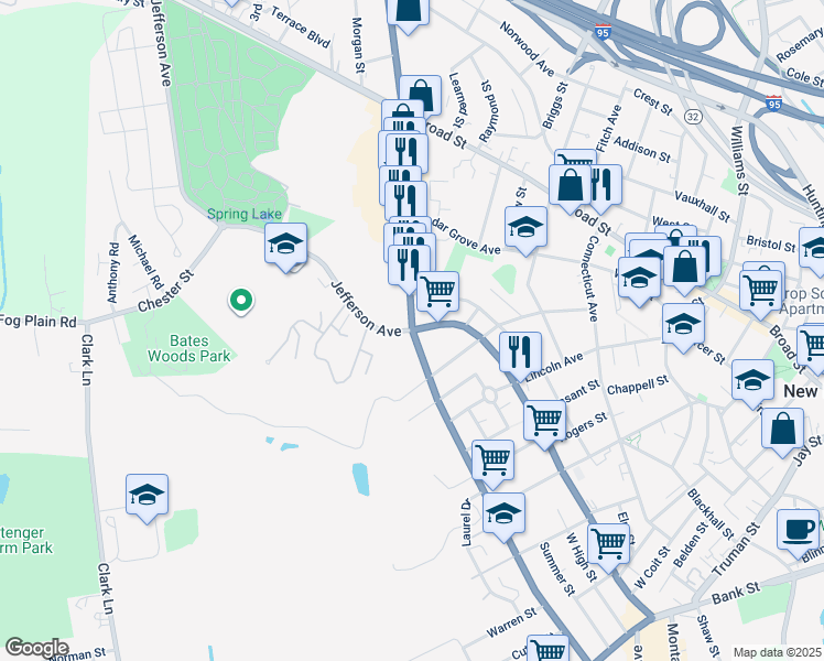 map of restaurants, bars, coffee shops, grocery stores, and more near Jefferson Avenue in New London