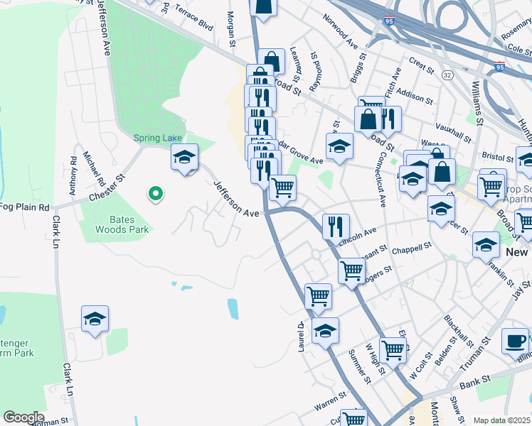map of restaurants, bars, coffee shops, grocery stores, and more near Jefferson Avenue in New London
