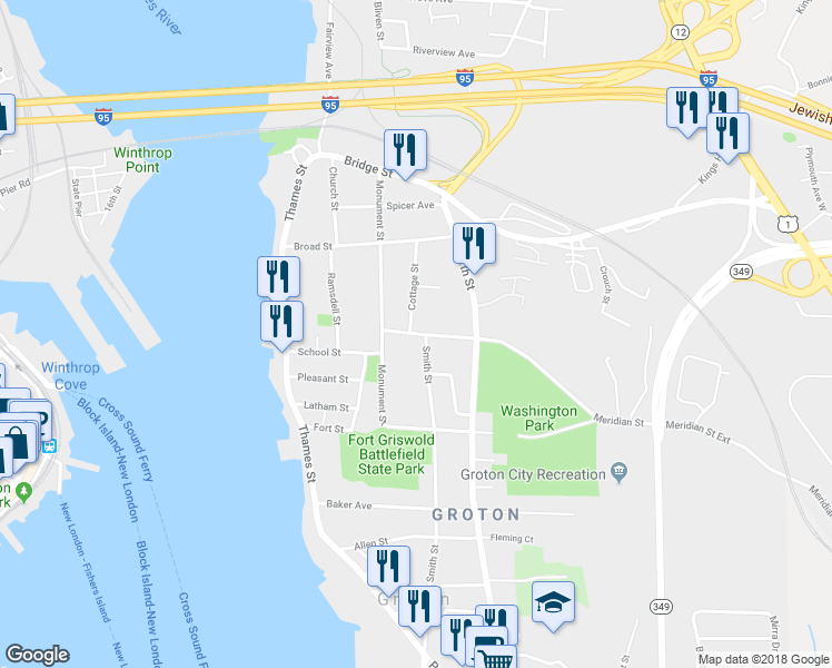 map of restaurants, bars, coffee shops, grocery stores, and more near 32 Meridian Street in Groton
