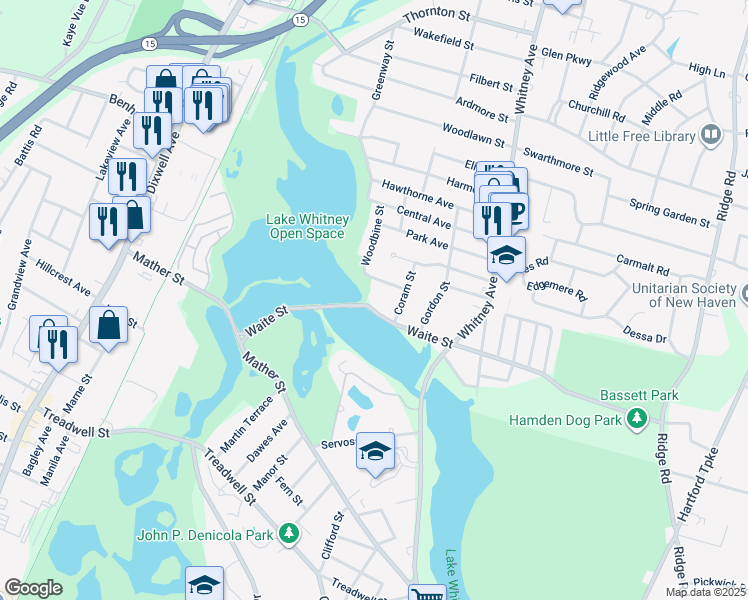 map of restaurants, bars, coffee shops, grocery stores, and more near 6 Waite Street in Hamden