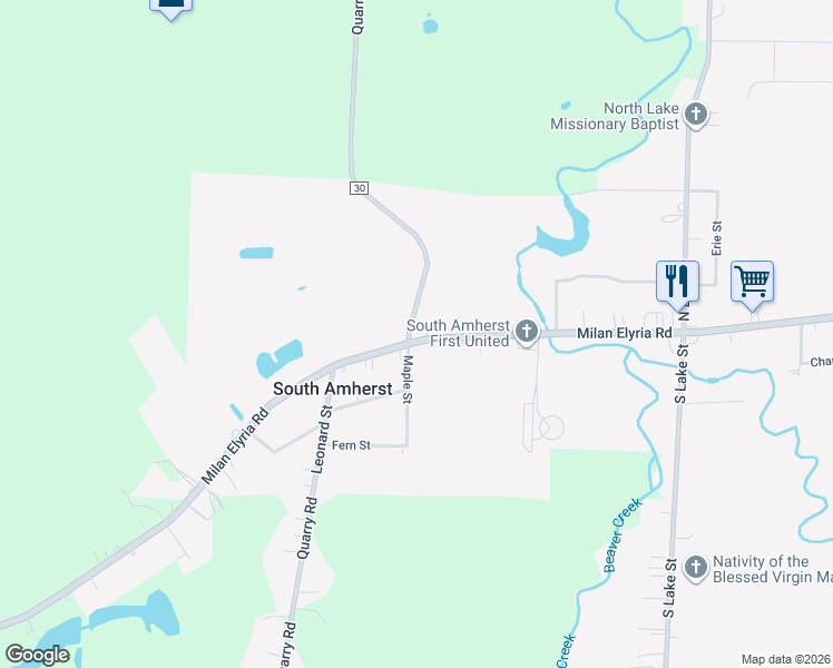 map of restaurants, bars, coffee shops, grocery stores, and more near 254 West Main Street in South Amherst