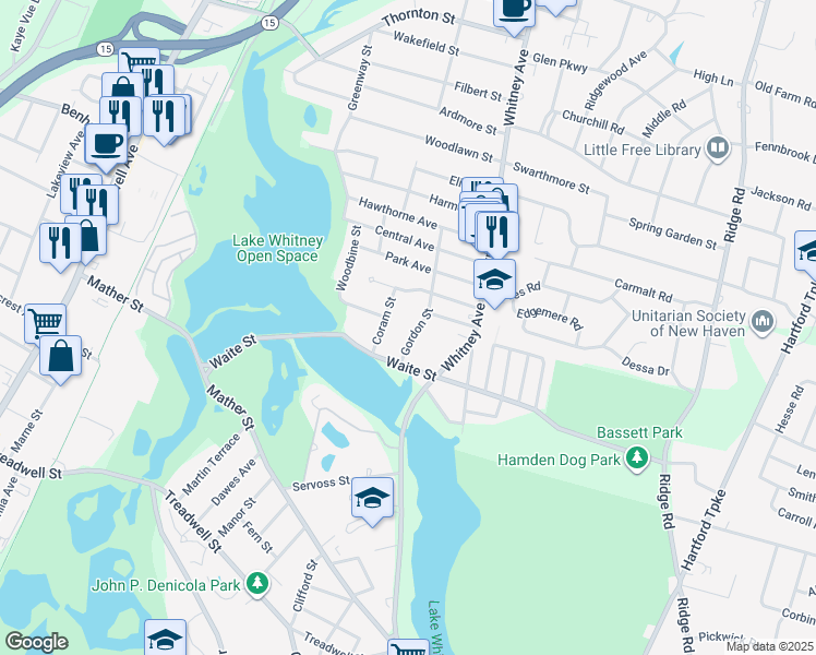 map of restaurants, bars, coffee shops, grocery stores, and more near 34 Gordon Street in Hamden