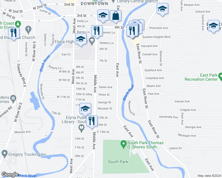 map of restaurants, bars, coffee shops, grocery stores, and more near 218 Gates Avenue in Elyria
