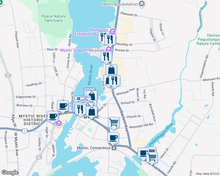 map of restaurants, bars, coffee shops, grocery stores, and more near 4 Oak Street in Stonington