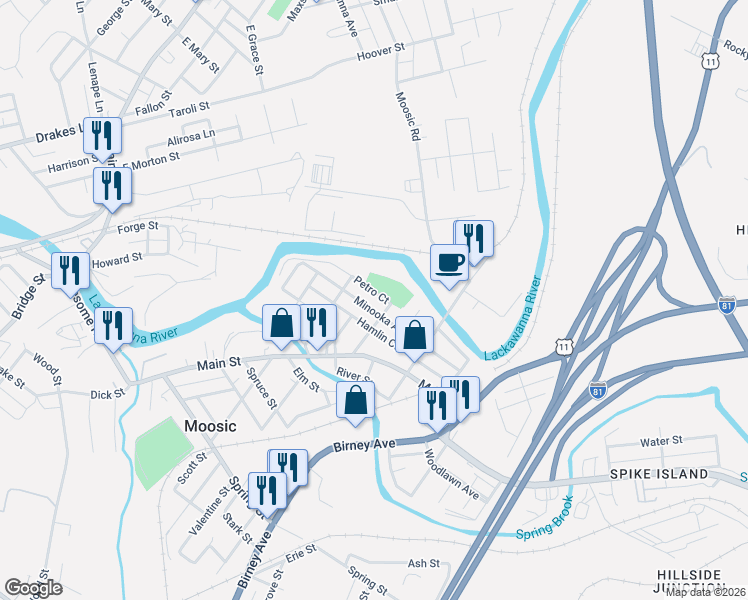 map of restaurants, bars, coffee shops, grocery stores, and more near Petro Court in Moosic