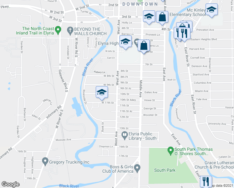 map of restaurants, bars, coffee shops, grocery stores, and more near 10th Street in Elyria