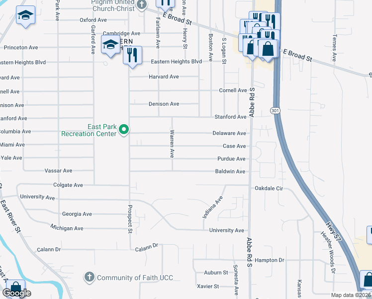 map of restaurants, bars, coffee shops, grocery stores, and more near 627 Case Avenue in Elyria