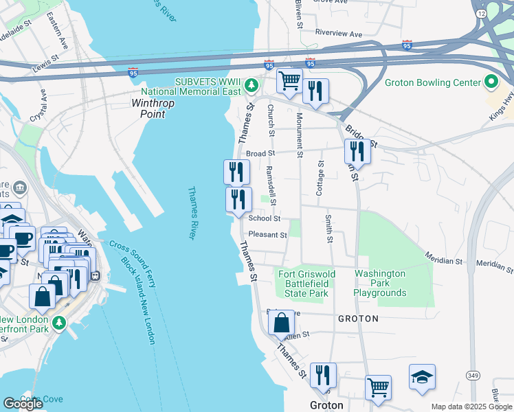 map of restaurants, bars, coffee shops, grocery stores, and more near 67 Ramsdell Street in Groton