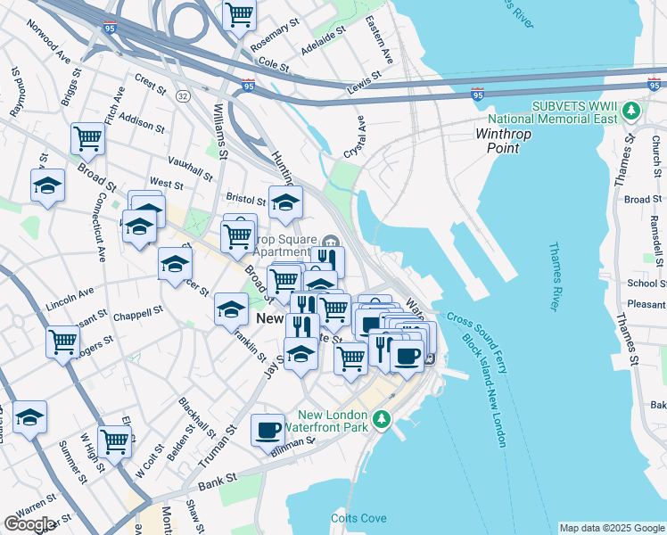 map of restaurants, bars, coffee shops, grocery stores, and more near 286 Eugene O'Neill Drive in New London