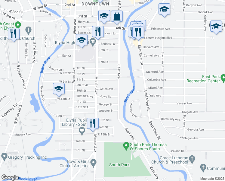map of restaurants, bars, coffee shops, grocery stores, and more near 227 Gates Avenue in Elyria