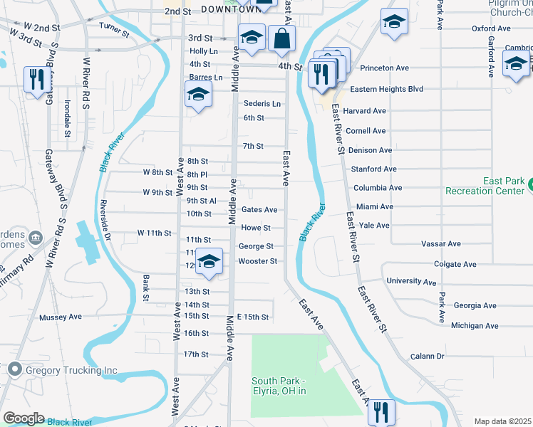 map of restaurants, bars, coffee shops, grocery stores, and more near 227 Gates Avenue in Elyria