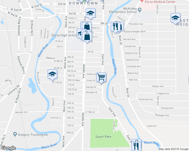 map of restaurants, bars, coffee shops, grocery stores, and more near 227 Gates Avenue in Elyria