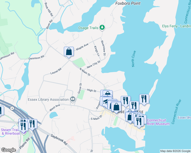 map of restaurants, bars, coffee shops, grocery stores, and more near 49 North Main Street in Essex