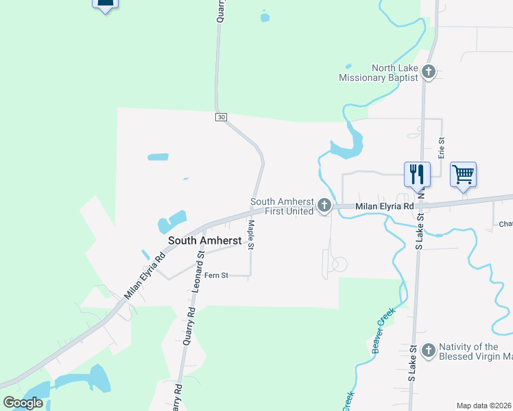 map of restaurants, bars, coffee shops, grocery stores, and more near 254 West Main Street in South Amherst